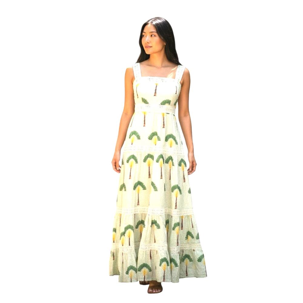 Calypso St. Barth NWT Cream Palm Print Sleeveless Maxi Dress-Large